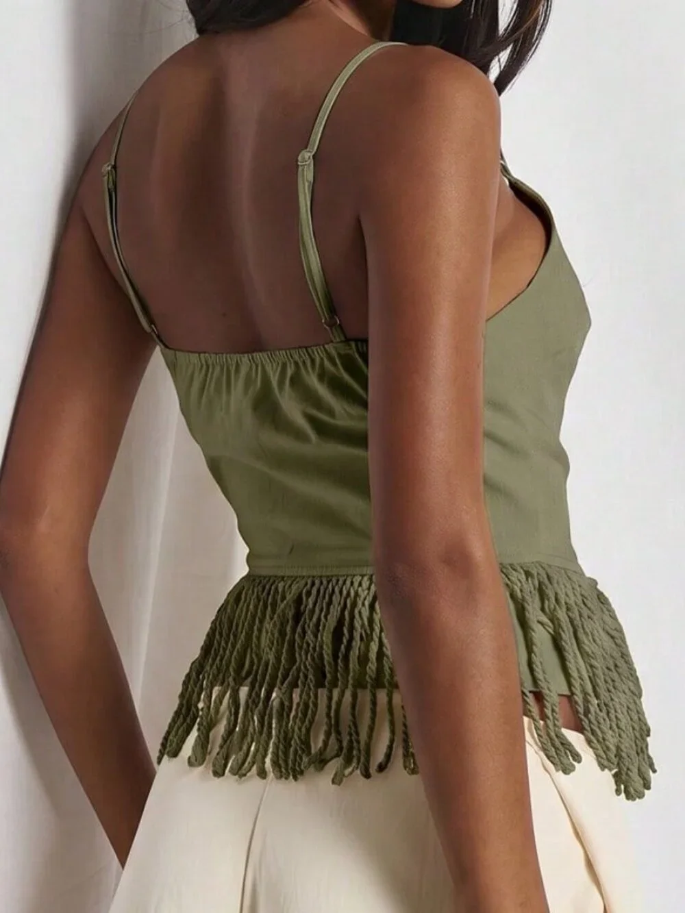 Casual Women's V Neck Button Detail Fringed Tassle Hem Top